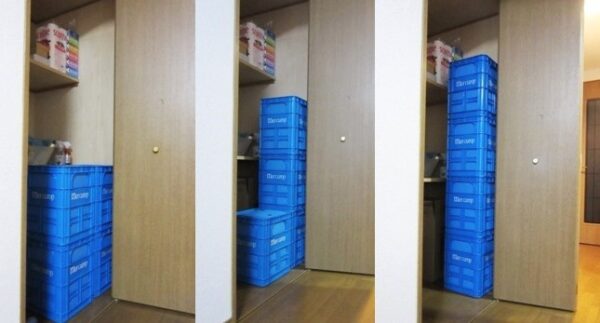 ウォーターサーバーの水ボトルをケースで積み重ね収納